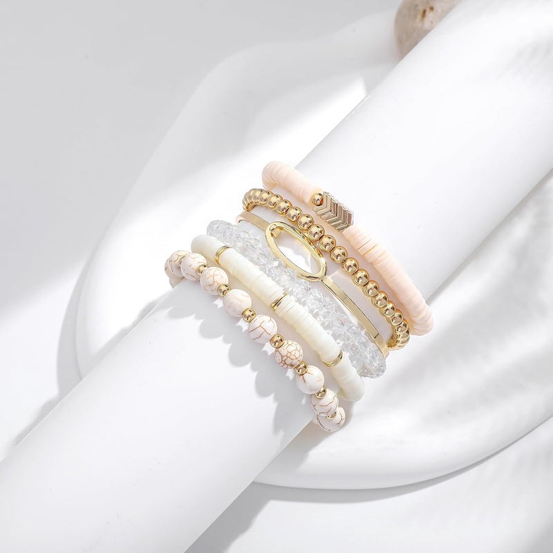 GOOJIDS Surfer Heishi Clay Bead Bracelets for Women Bohemian Stackable Gold Plated Beaded Stretch Bracelets Elastic Layering Friendship Bracelets Set Boho Jewelry - Image 2